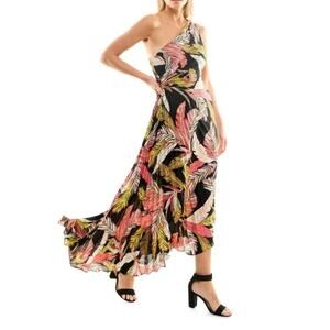 Nicole Miller One Shoulder Tropical Maxi Dress Asymmetrical Hem Size 12